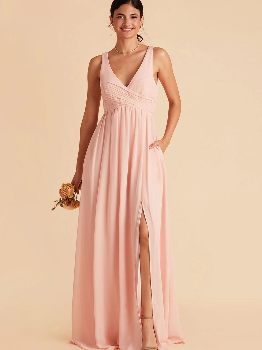 Birdy Grey Blush Pink Laurie V-Neck Maxi Dress with Side Slit Empire Waist